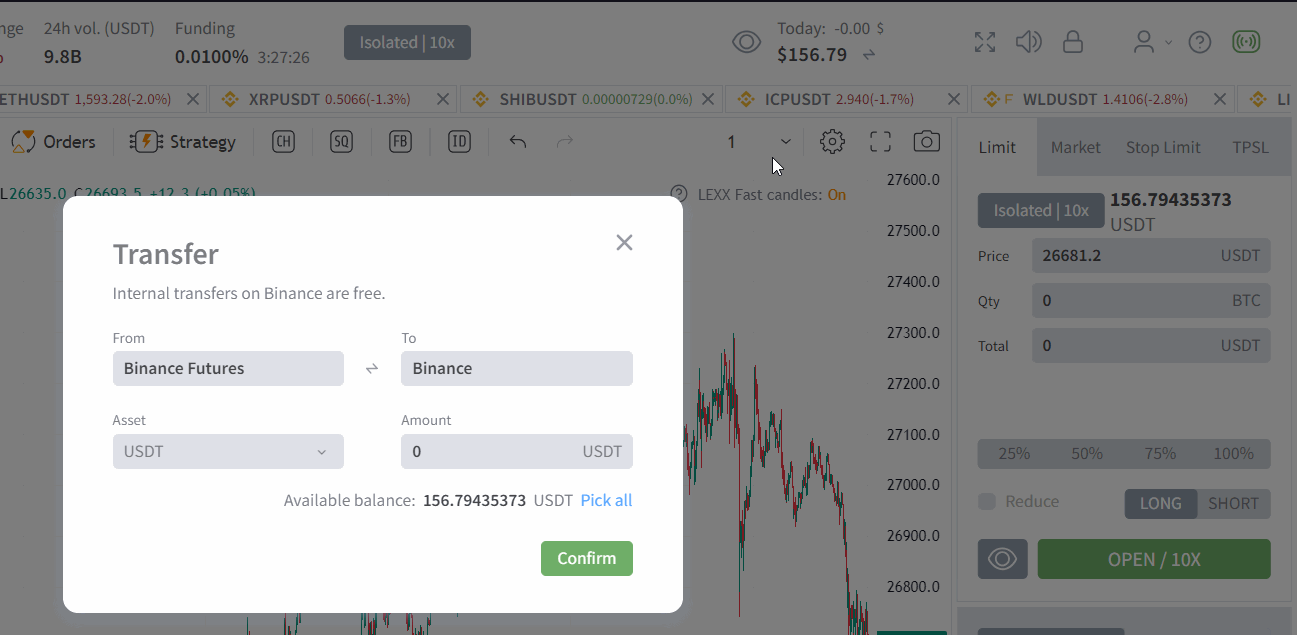Interface of quickly transfer funds between exchanges in the balance widget